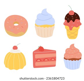 A set of sweets. Sweet pastries, cake, sweets, desserts. A collection of delicious, high-calorie food. Illustration in a cartoon flat style. Isolated on a white background