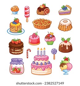 Set of sweets. Sweet pastries, cake, sweets, pie, cupcake, desserts in a cartoon style. A collection of delicious, high-calorie food  isolated on a white background.
