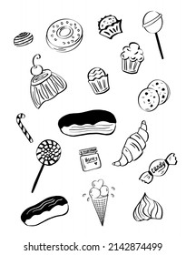 Set of sweets. Sweet pastries: muffins and cake, croissant and cinnabons. Delicious candies and lollipops. Vetor, Illustration.