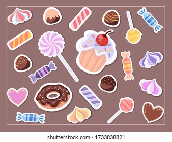 Set of sweets. Tasty food stickers. Candy game assets. Sugar desserts. Delicious snacks. Meringue, lollipop, cupcake, donut, cookies, marshmallow, lolly, cake, chocolate assorts, confectionery.