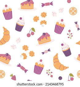 Set of sweets for tea or coffee. Cupcakes, candies, cookies. Vector seamless pattern.