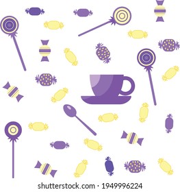 A set of sweets for tea in lilac and yellow tones on a white background. Pattern