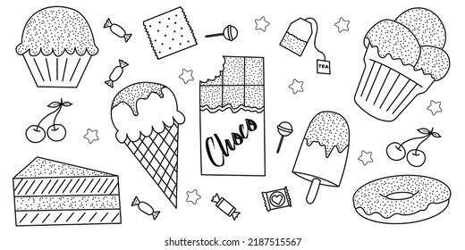 Set of sweets . Tile textures with a set of thin linear web icons. Vector illustration. Abstract candy background for mobile application, coloring book, website, presentation.