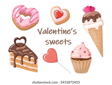 Dulces para el Día de San Valentín. Donut, helado, pastel, galletas, chupete, aleta. Ilustración del vector de color.