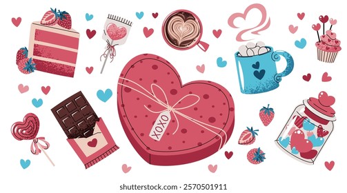 Set of sweets for Valentine's day in flat cartoon style. Cute stickers on isolated background. Chocolate, cupcake, cake, heart-shaped candy box, etc.