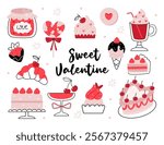 Set of sweets for Valentine's Day. Jam, caramel, cake, cupcake, croissant, coffee, latte, cocktail, chocolate-covered strawberries, ice cream, cookies, bento cake, pie.