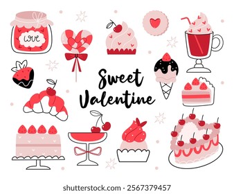 Set of sweets for Valentine's Day. Jam, caramel, cake, cupcake, croissant, coffee, latte, cocktail, chocolate-covered strawberries, ice cream, cookies, bento cake, pie.