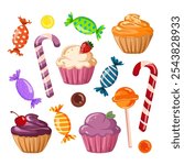 Set of sweets Various sweets, marshmallows, lollipops, cupcakes, candies in glossy wrappers for Thanksgiving and Christmas holidays. Confectionery, sweets and desserts Vector illustration on white