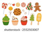 Set of sweets Various sweets, marshmallows, lollipops, cupcakes, candies for Thanksgiving and Christmas holidays. Confectionery, sweets and desserts Vector illustration on white