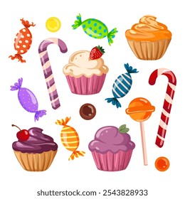 Set of sweets Various sweets, marshmallows, lollipops, cupcakes, candies in glossy wrappers for Thanksgiving and Christmas holidays. Confectionery, sweets and desserts Vector illustration on white