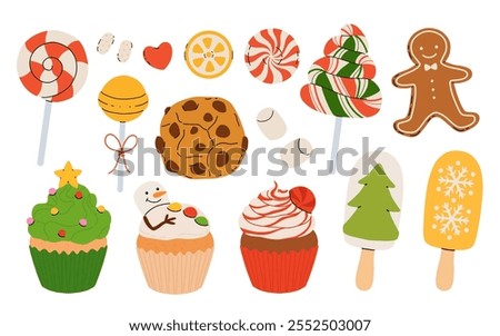 Set of sweets Various sweets, marshmallows, lollipops, cupcakes, candies for Thanksgiving and Christmas holidays. Confectionery, sweets and desserts Vector illustration on white
