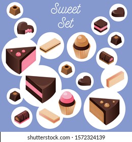 Set of sweets, vector illustration. Isometric 3d icons with chocolate, cakes, candys, cupcakes, pies, waffles and other sweet-stuff.  