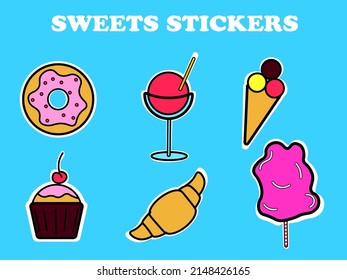 Set of sweets vector stickers. Beautiful food design. Vanilla delicious drawing.