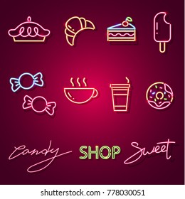 Set sweet-stuff neon sign. Neon sign, bright signboard, light banner. Vector icons