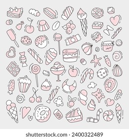 Conjunto de dulces.Ilustración vectorial en estilo doodle.