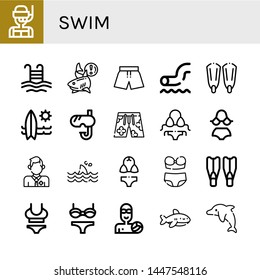 Set of swim icons such as Dive, Pool, Shark, Swimsuit, Waterpark, Fins, Surfboard, Snorkel, Bikini, Lifeguard, Flippers, Waterpolo, Dolphin , swim