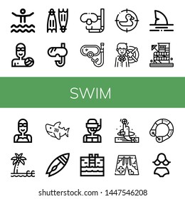 Set of swim icons such as Waterpark, Waterpolo, Flippers, Snorkel, Dive, Duck, Lifebuoy, Shark, Swimmer, Pool, Surfboard, Swimming pool, Dolphin, Swimsuit, Life saver, Bikini , swim