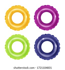  Set of swim rings on white background. Inflatable rubber toy for  water and beach or trip safety.
Life saving floating lifebuoy for beach or ship, rescue belt for saving people. Vector illustration.