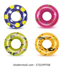 Set of swim rings on white background. Inflatable rubber toy for  water and beach or trip safety.
Life saving floating lifebuoy for beach or ship, rescue belt for saving people. Vector illustration. 