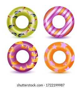 Set of swim rings on white background. Inflatable rubber toy for  water and beach or trip safety.
Life saving floating lifebuoy for beach or ship, rescue belt for saving people. Vector illustration. 