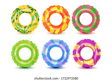  Set of swim rings on white background. Inflatable rubber toy for  water and beach or trip safety.
Life saving floating lifebuoy for beach or ship, rescue belt for saving people.Vector illustration. 