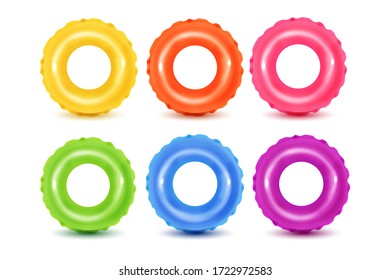  Set of swim rings on white background. Inflatable rubber toy for  water and beach or trip safety.
Life saving floating lifebuoy for beach or ship, rescue belt for saving people.Vector illustration. 