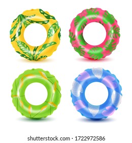  Set of swim rings on white background. Inflatable rubber toy for  water and beach or trip safety.
Life saving floating lifebuoy for beach or ship, rescue belt for saving people.Vector illustration. 