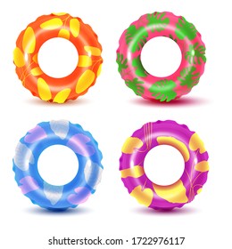 Set of swim rings on white background. Inflatable rubber toy for  water and beach or trip safety.
Life saving floating lifebuoy for beach or ship, rescue belt for saving people. Vector illustration. 