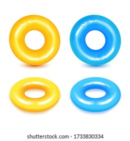 Set of swim rings on white background. Inflatable rubber toy for  water and beach or trip safety.
Life saving floating lifebuoy for beach or ship, rescue belt for saving people. Vector illustration. 
