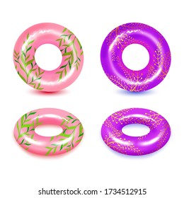 Set of swim rings on white background. Inflatable rubber toy for  water and beach or trip safety.
Life saving floating lifebuoy for beach or ship, rescue belt for saving people. Vector illustration. 