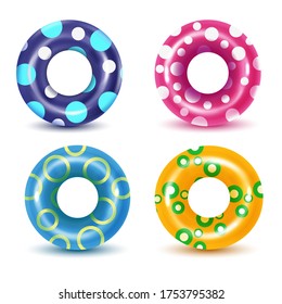 Set of swim rings on white background. Inflatable rubber toy for  water and beach or trip safety.
Vector illustration. 