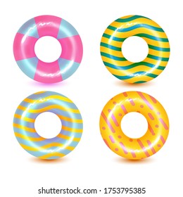 Set of swim rings on white background. Inflatable rubber toy for  water and beach or trip safety.
Vector illustration. 