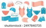 Set of swim sport equipment, towel, swimsuit, goggles and flippers