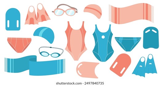 Set of swim sport equipment, towel, swimsuit, goggles and flippers