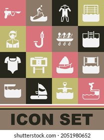 Set Swimmer diving into pool, Water volleyball net, Swimming with ladder, Wetsuit for scuba, Snorkel, Fishing harpoon and Canoe rowing team sports icon. Vector
