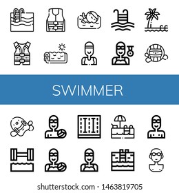 Set of swimmer icons such as Swimming pool, Life jacket, Swimmer, Pool, Waterpolo, Pool kickboard, Hydrotherapy, Water polo , swimmer