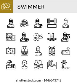 Set of swimmer icons such as Swimmer, Waterpolo, Hydrotherapy, Swimming pool, Water polo, Pool kickboard, Pool, Life jacket, Life vest , swimmer