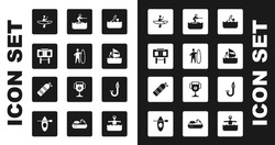 Set Swimmer, Surfboard, Sport Mechanical Scoreboard, Kayak And Paddle, Windsurfing, Water Skiing Man, Snorkel And Aqualung Icon. Vector