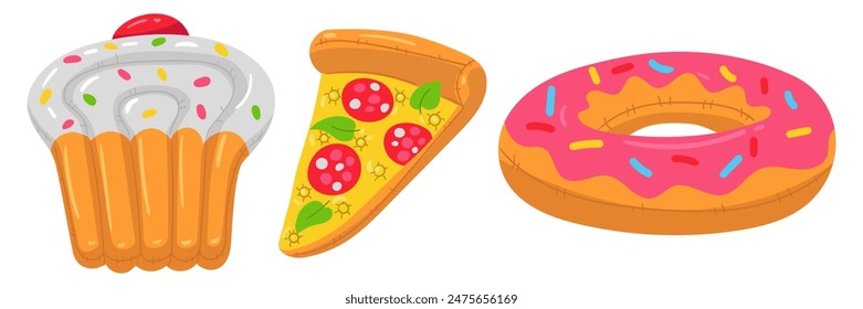 Conjunto de un círculo de natación en forma de magdalena, una rebanada de pizza y un donut. Estos coloridos cojines inflables son perfectos para una fiesta de piscina temática de verano. Ilustración vectorial aislada