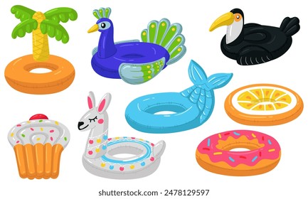 Set of swimming circles in the form of donut, Lama, mermaid, cupcake, orange, Toucan, peacock, Palma. The floating animals are suitable for a summer themed pool party. Isolated illustration Collection