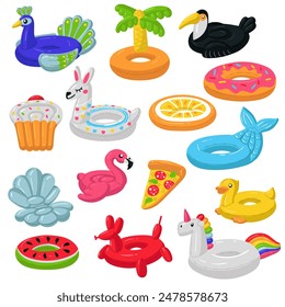 Satz Schwimmkreise in Form von Donut, Lama, Meerjungfrau, Cupcake, Orange, Tukan, Pfau, Palma, Flamingo, Cockleshell, Wassermelone, Einhorn, Pizza, aufblasbarer Hund, Ente. Schwebende Tiere feiern.