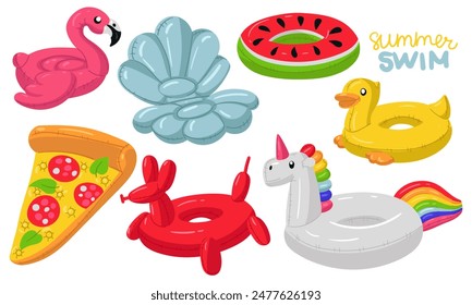 set of swimming circles in the form of Flamingo, cockleshell, watermelon, unicorn, pizza, inflatable dog, duck. The floating animals are suitable for a summer themed pool party. Isolated illustration