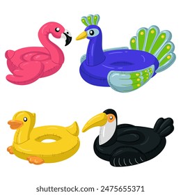 A set of swimming circles in the form of a yellow duck, pink flamingo, blue peacock, black toucan. These swimming animals are perfect for a summer themed pool party. Isolated vector illustration