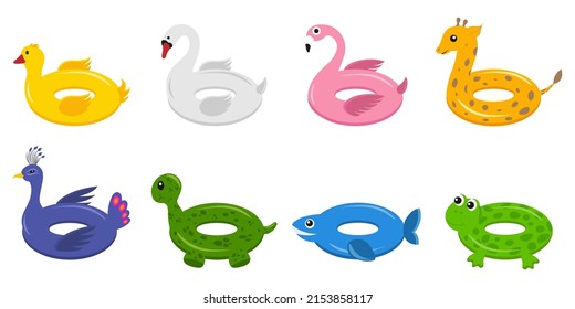 Set of swimming circles. Funny inflatable circles flamingo, shark, duck, toad, peacock, turtle, swan, giraffe. Vector illustration.