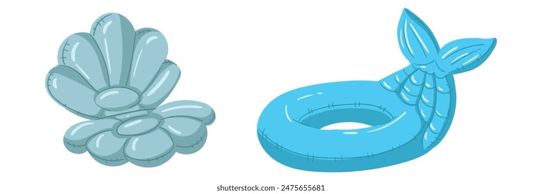 A set of swimming circles in the shape of an open shell, a mermaid's tail. A big bagel. This blue inflatable cushion float is perfect for a summer themed pool party. Isolated vector illustration