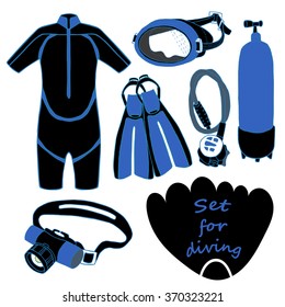  set for swimming with costume, flippers, mask,oxygen balloon and 
Flashlight for diving in blue and black color, sea sport theme set for you design,underwater breathing