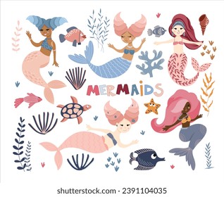 Set of swimming cute mermaids, sea plant, marine animals, corals and seaweed, vector hand drawn illustration