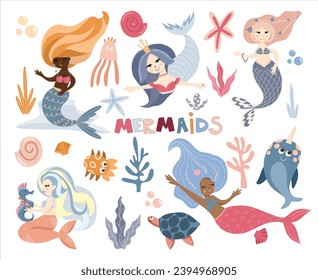 Set of swimming cute mermaids, sea plant, marine animals, corals and seaweed, vector hand drawn illustration