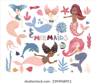 Set of swimming cute mermaids, sea plant, marine animals, corals and seaweed, vector hand drawn illustration