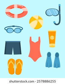 Set of swimming elements (a lifebuoy, a beach ball, swimming goggles, a snorkel, swim shorts, a one-piece swimsuit, sunscreen, flip-flops, and diving fins), swimming elements cartoon collection